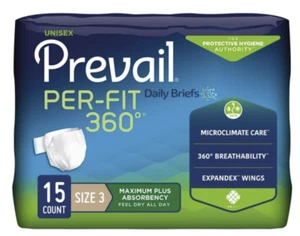 Unisex Adult Brief Prevail Per-Fit 360° Size 3 58"-73" waist(4 bags of 15=60) - Picture 1 of 5