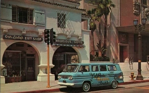 California Missions Tours Chevrolet Corvair 95 Greenbrier Van Gift Shop Postkarte - Bild 1 von 2