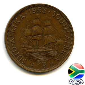 A SOUTH AFRICA 1953 ELIZABETH II PENNY 1d coin, 72 Years Old! (Re: 1953_18/9) - Picture 1 of 2