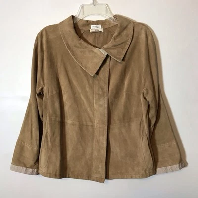 Brunello Cucinelli Light Mocha Suede Asymmetrical Button Stripe Accent Jacket 42 - Image 1 of 4