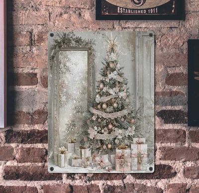 Потертый шик французского кантри розовый кружевной праздник елка Рождество металлический жестяной знак 8 x 12 - Изображение 1 из 4