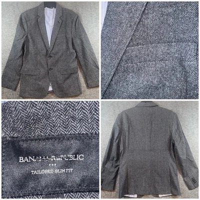 Banana Republic Tailored Slim Fit Herringbone Wool Blend Blazer Men 38S Gray NEW - Image 1 of 4