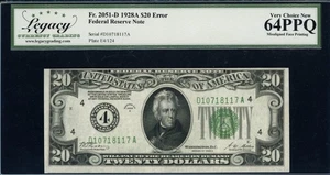 Fr. 2051-D (DA Block) 1928A $20 Federal Reserve Misalignment Error Legacy 64 - Picture 1 of 2