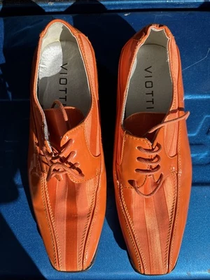Viotti Striped Satin Patent Oxford Orange Designer Tuxedo Dress Shoes Men’s 9 - Image 1 of 4