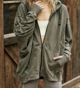 Free People FP Movement All Your Love Hoodie Sweatshirt LG olivgrün Full Zip - Bild 1 von 10