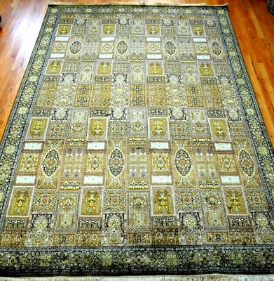 ALFOMBRA ORIENTAL GEOMÉTRICA ALTA GAMA 100% SEDA PURA ANUDADA A MANO 7' X 10'6" Foto 1 de 4