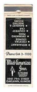 Cubierta de cerilla vintage Mid American Inn Oaklawn Illinois SM8 - Imagen 1 de 2