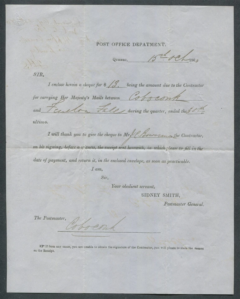 EARLY CANADIAN HISTORICAL DOCUMENT - POST OFFICE DEPARTMENT LETTER - Image 1 of 2