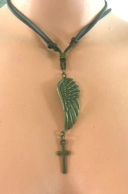 Mens ANGEL OR HARLEY BRONZE WING + CROSS on LEATHER CORD Surfer Pendant NECKLACE - Image 1 of 3