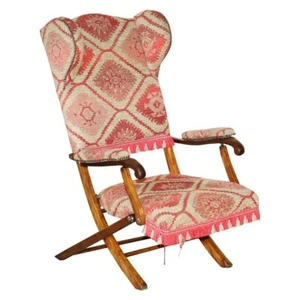 STUNNING ANTIQUE VICTORIAN MILITARY CAMPAIGN KILIM UPHOLSTERED FOLDING ARMCHAIR - Picture 1 of 17