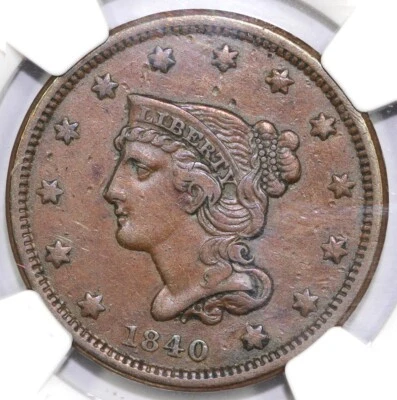1840 1c N-3 Small Date Braided Hair Large Cent NGC XF Details Damaged - Image 1 of 4
