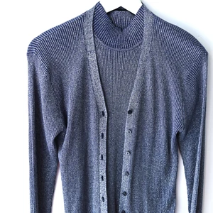 KASPER & COMPANY Blue Ribbed Mock Neck Top & Cardigan - Size P Medium - Picture 1 of 12