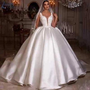 Luxury Sleeveless Satin Wedding Dress Princess Plus Size A-Line Bride Ball Gown - Picture 1 of 6