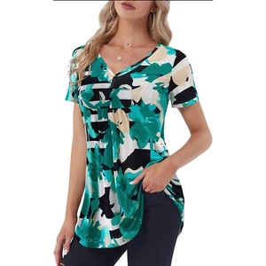 Flowy Tunic Top Henley V Neck Short Sleeve Shirt Casual Blouse Green Floral M - Picture 1 of 3