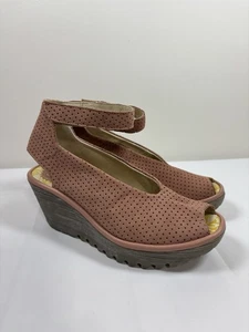 Fly London Womens 36 Yala Perf Taupe Peep Toe Chunky Wedge Platform Sandals Y2K - Picture 1 of 17