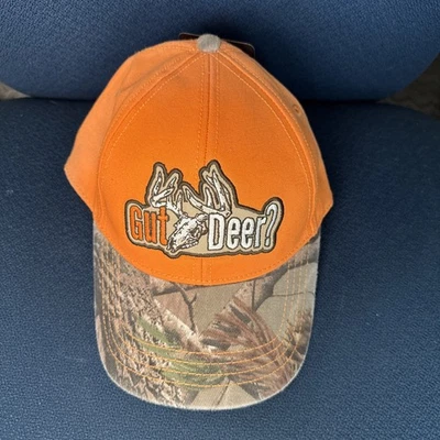 Buck Wear "Gut Deer?" Baseball Cap Cotton Orange/Camo OSFM Adjustable Back - Image 1 of 4
