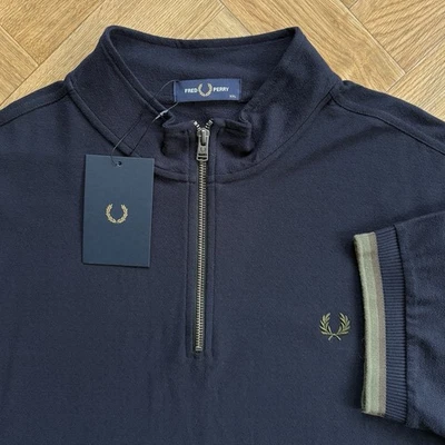 BNWT Fred Perry Funnel Neck Zip Up Polo Shirt Navy Blue Green Mod Mens Size 2XL - Image 1 of 4