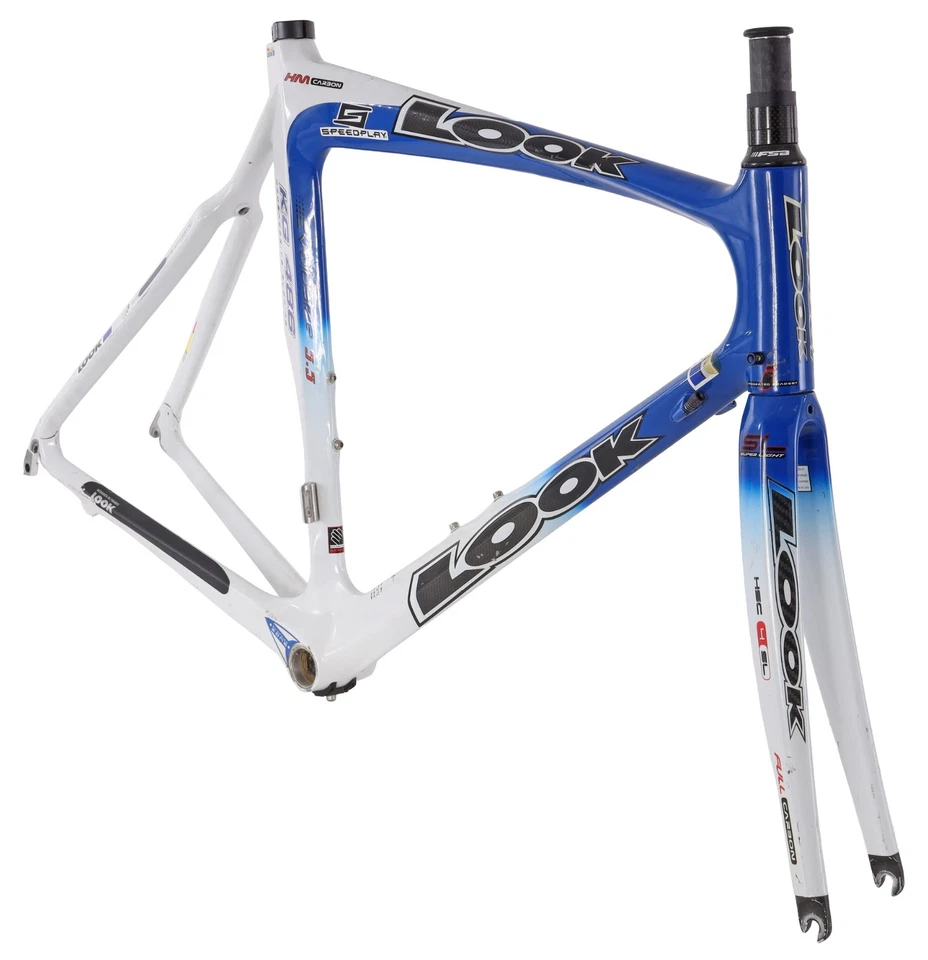 Cuadro de carbono para bicicleta de carreras de carretera LOOK KG486 blanco/azul freno de llanta QR 55 cm 700c 2004 Foto 1 de 4