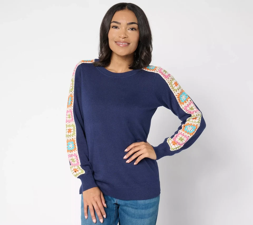 Belle by Kim Gravel Hip to Be Square Crochet Sleeve Sweater Twilight M New - Image 1 of 1