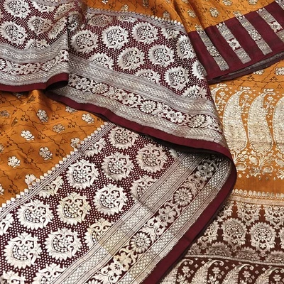 Indian Vintage Sari Brown & Mustard Heavy Pure Satin Silk Woven Banarasi Tanchoi - Image 1 of 4