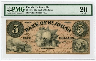 1859 $5 The Bank of St. Johns - Jacksonville, FLORIDA Note PMG VF 20 - Image 1 of 2