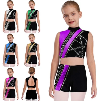 Conjunto de Pantalones Cortos Top Cortos Metálicos Brillantes para Actuación de Baile EE. UU. Niños Niñas Foto 1 de 4