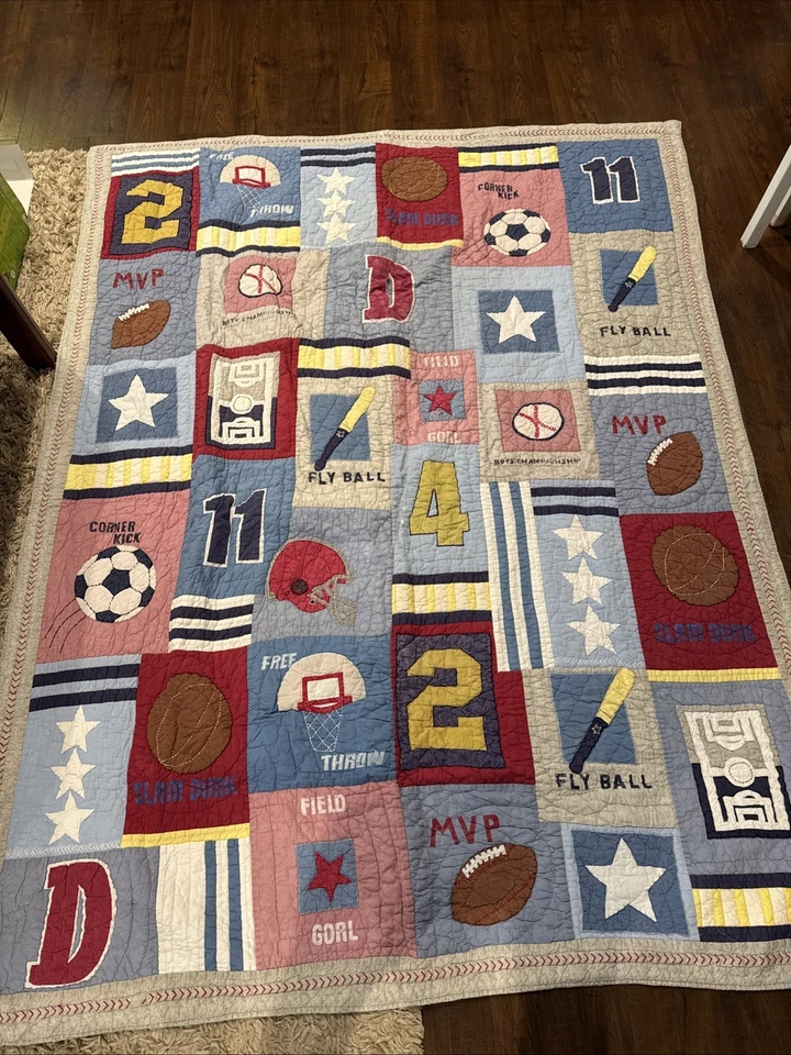 Pottery Barn Kids Sports Patchwork Quilt Comforter Full Size Blue Red Yellow - Image 1 of 4