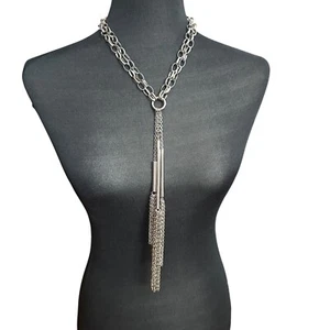 Chico's Necklace Jewlery Statement 24" Adjustable Silver Tone Y Drop Tassel - Picture 1 of 7