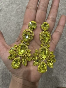 3,5" große gelbe Jonquil große Strass lange Kristall Festzug Ohrringe Hänger - Bild 1 von 8