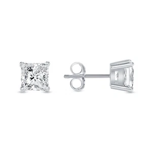 2 Ct Princess Cut Earrings Studs Solid 18K White Gold Brilliant Push Back Basket - Picture 1 of 1