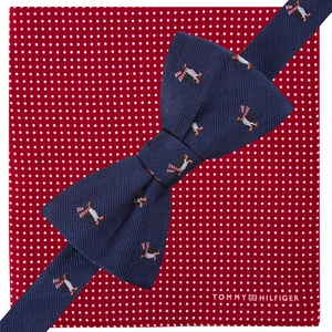 TOMMY HILFIGER Navy Blue Penguin Self Bow Tie Red Pin Dot Pocket Square Silk Set - Picture 1 of 3