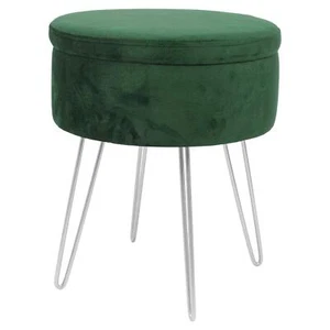 1x Green/Silver H45 x D36cm Round Velvet Storage Footstool Ottoman Stool Seat - Picture 1 of 7