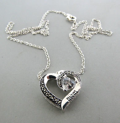 Heart CZ Mom Pendant Necklace Silver .75*18 - Image 1 of 4