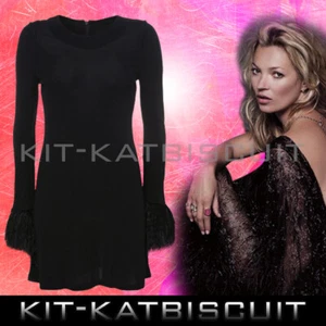 Kate Moss Topshop Black Ostrich Feather Cuff Dress Size 12 - Picture 1 of 14