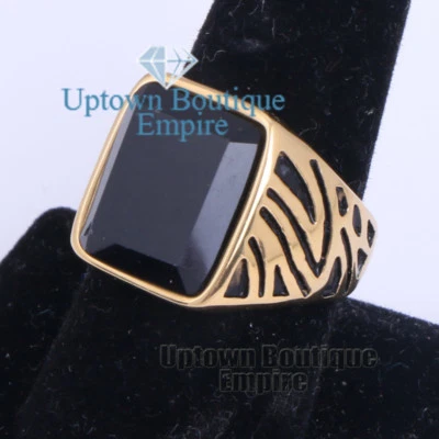  MEN's Stainless Steel Black Onyx Gold Black Ring Size 8-13  #12 - Image 1 of 4