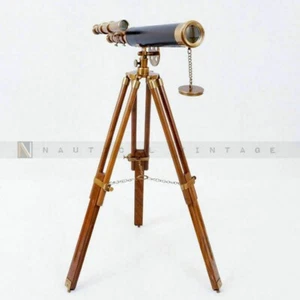 18" Brass Nautical Antique Marine Double Barrel Telescope W/ Wooden Tripod Stand - Picture 1 of 5