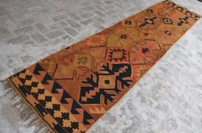 1930s Antique Afghan Kilim Runner Rug 3x12 Muted Geometric Hallway Wool Long Rug - Image 1 of 4
