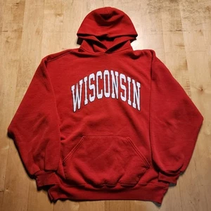 Vintage 90s Russell Athletic Wisconsin Badgers Hoodie Sweatshirt White Red XL - Picture 1 of 11