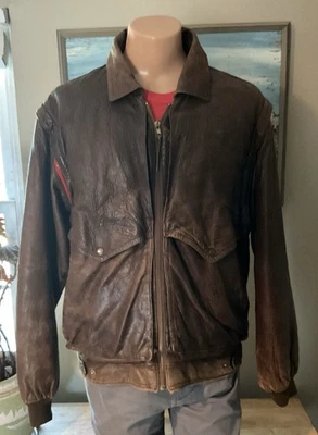Chaqueta de bombardero de cuero marrón envejecido de colección de la década de 1990 chaleco con cremallera brazos para hombre 44 grande Foto 1 de 4
