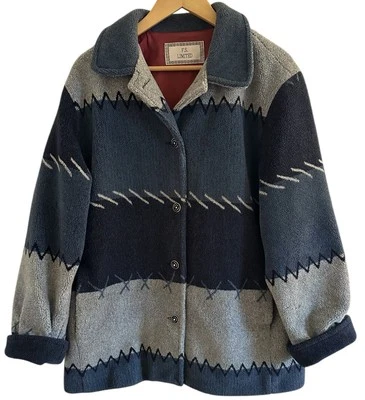 VTG FS Limited Blue & Gray Striped Button Up Fleece Jacket/Coat Satin Lined Sz L - Image 1 of 4