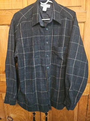 Fieldmaster Shirt Mens L Black Tan Plaid Wool Blend Flannel Button Up Vintage - Image 1 of 4