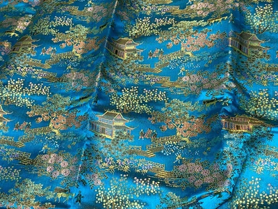 Vintage Asian Oriental Silk Brocade Fabric Yardage Turquoise Iridescent  2.6 Yd - Image 1 of 4
