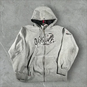 Quiksilver Hoodie Mens Medium Gray Full Zip Logo Spellout Y2K Grunge Skate Surf - Picture 1 of 9