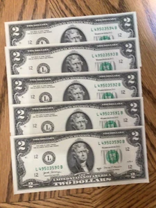 (5) Consecutive MINT Uncirculated US $2 Dollar Bills Sequential - Picture 1 of 3