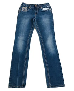 Justice Jeans Girls Size 12.5 Simply Low Rise Denim Blue Rhinestone 5 Pocket - Picture 1 of 9