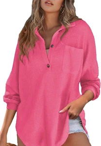Women Waffle Knit Top Henley Shirts Long Sleeve V Neck Solid Color Casual Tunic - Picture 1 of 7