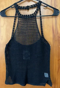 Free People Halter Tank Top Size Small Womens Black crochet  - Picture 1 of 6