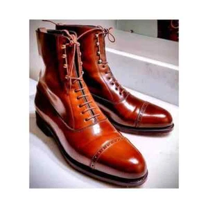 Men's Handmade Premium Tan Leather Boots | Custom Lace Up Ankle Boots - Picture 1 of 6