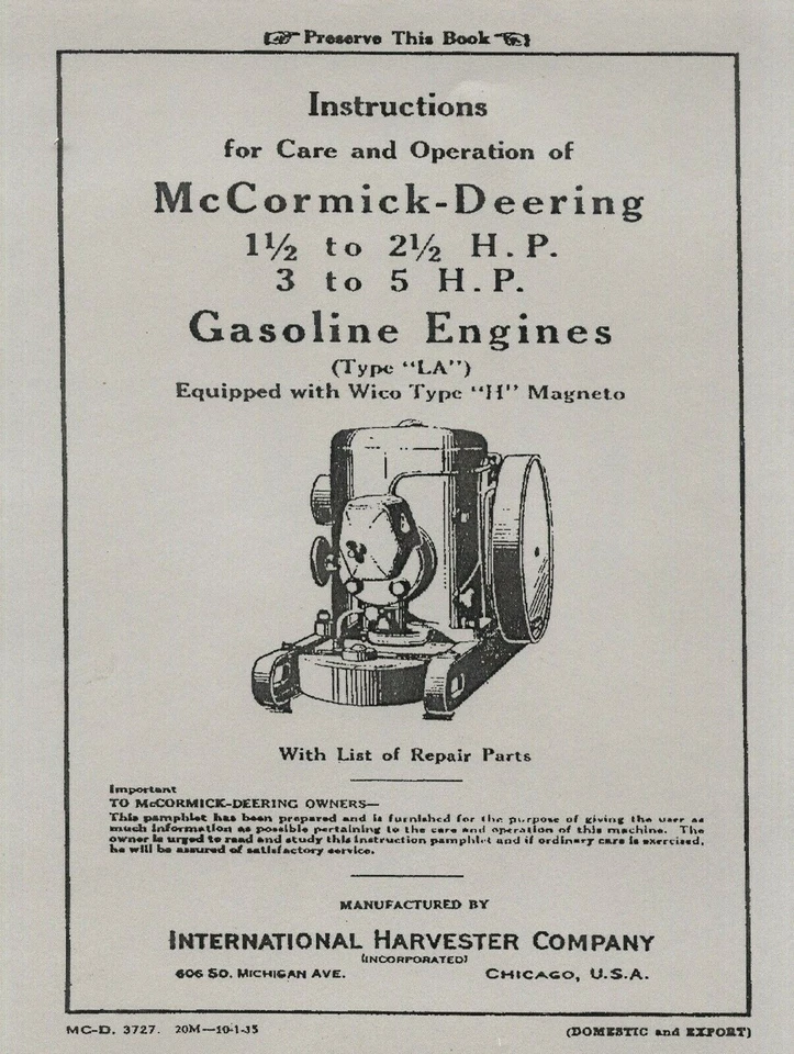 McCormick Deering  Type  LA Operator's Manual 10-1-35 (please read description) - Image 1 of 1