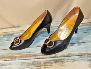 Vintage BRUNO MAGLI Black Leather Pumps Size 6 AA Made In Italy Open Toe Gold - Picture 1 of 20